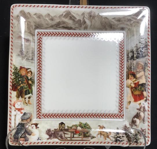 Decorative Holiday Winter Plate, Villeroy & Boch: Fine China Square Plate , slightly indented as a shallow dish, with vintage scenes- girls holding a tree, dogs in snow, sled, child making a snowman and snow covered mountains. 10.5 x 10.5 in. Made in