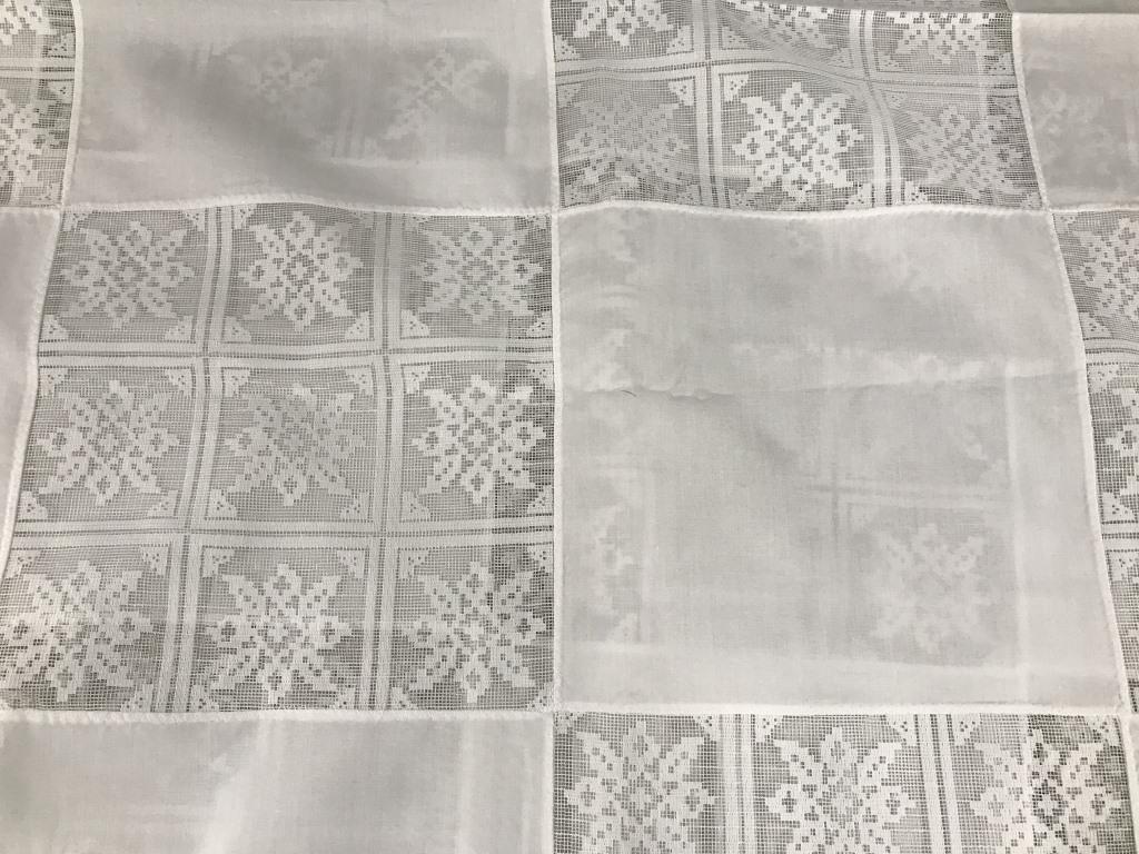 Classic Checkered Tat & Cotton Tablecloth: White, Floral Edge Tat and alternating Solid white cotton squares and transparent Tat designs. 65 x 100 in. Rectangular. Some discoloration at end, see pictures. Cotton & Tat Tablecloth, Table Linens,
