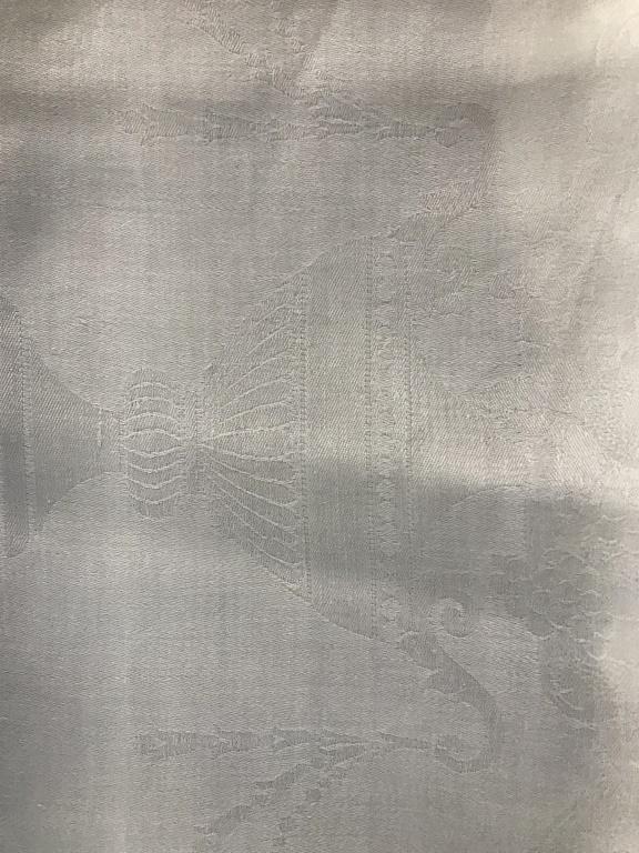Traditional Long White Rectangular Tablecloth: Grand Tablecloth, Cotton /Rayon blend. Center has a striped pattern with cloth and and embroidered monogram initials in center ‘ EB’. Light discoloration in a few areas, Measures approx 84 x 104 i