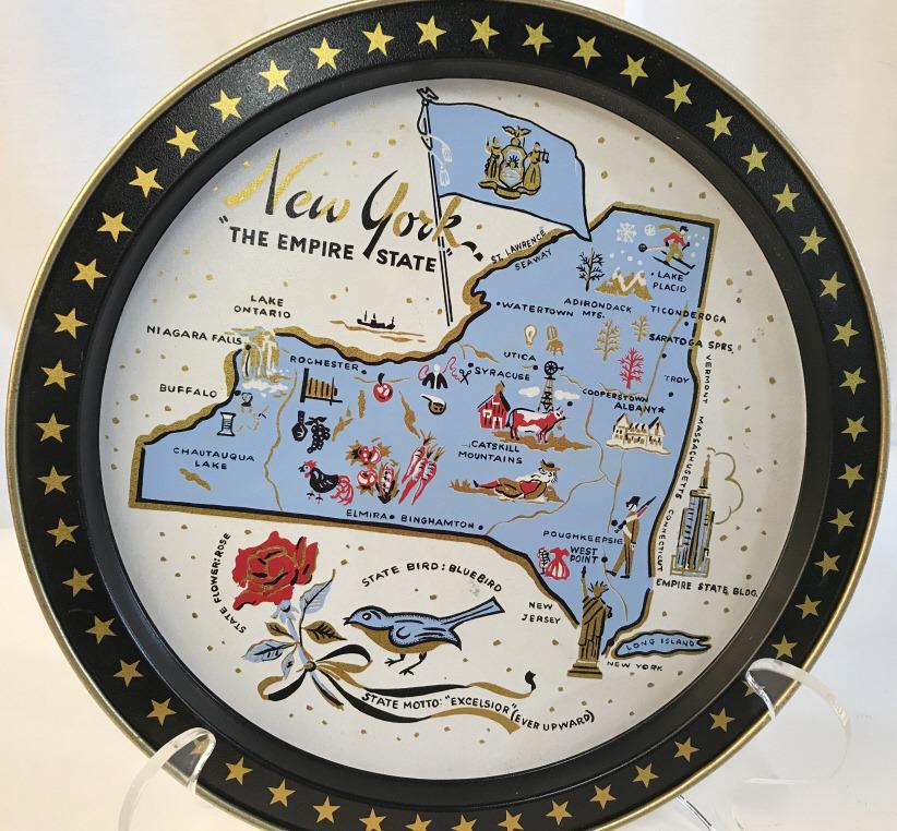 NEW YORK STATE Enameled Tray: Use as a serving tray, wall or decoration Plate. Painted Tin with state flower, state bird, state motto, State flag and map of New York w/ Major cities. Underside all gold tone paint with history abou
