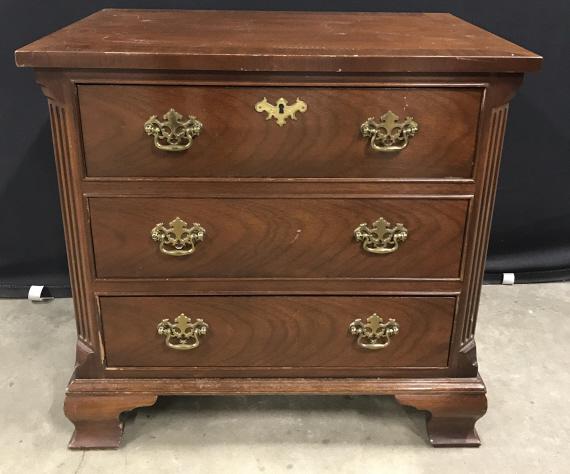 Baker Chipendale Style Mahogany Toned Side Table: Baker Chipendale Style Mahogany Toned Side Table With brass toned metal drawer pulls, marked on interior of top drawer with Baker Furniture Tag, measures approximately 26 inches long x 18 inches wide