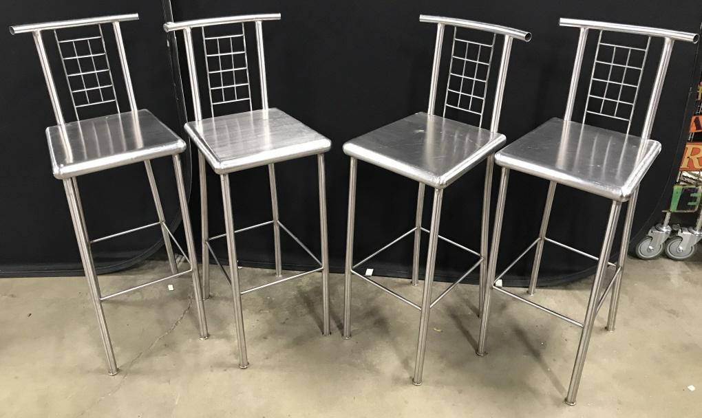 Set 4 Stainless Steel Bar Counter Stools: Set 4 Stainless Steel Bar Counter Stools with backs, measures approximately 42.5 inches tall x 14.5 inches wide x 15 inches deep, some surface scratches. Bar Stools, Counter Stools, High Work Station 