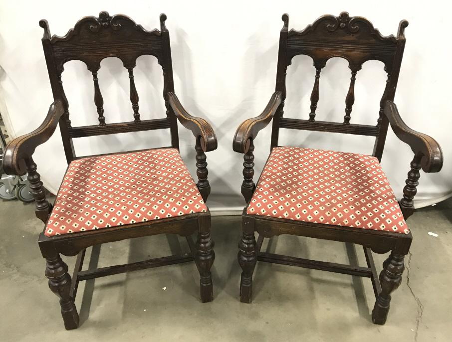 Set 8 Jacobean Gothic Style Carved Dining Chairs: Set 8 Jacobean Gothic Style Carved Dining Chairs with Upholstered seats, two arm chairs, six side chairs, chips, nicks, and wear due to age and use, some repair needed, measures approximately 39 inche