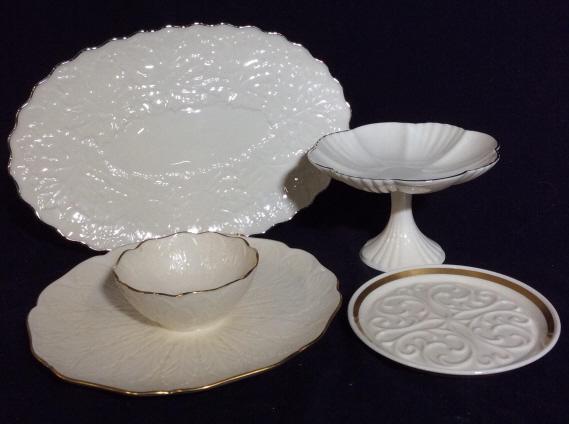 Lot 4 Vintage Lenox Ceramic Porcelain Tableware: Lot of 4 Lenox tabletop accessories. Pieces include 1 pedestal dish, 1 dip and crudités dish, 1 Saucer and 1 oval shaped serving platter. Pedestal dish is approximately 4.5 inches tall and 6.5 inches