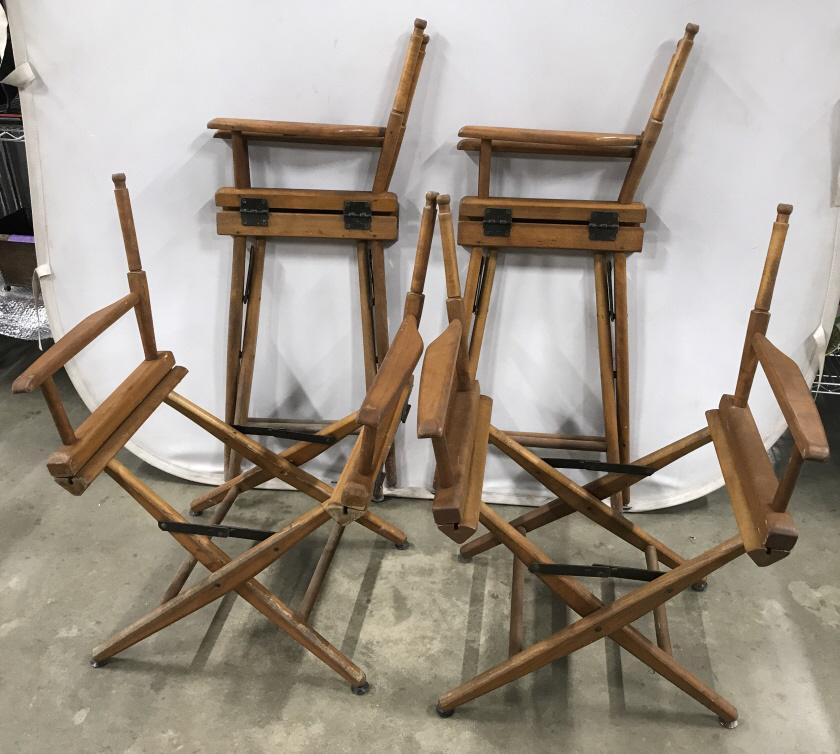 Set 4 Vintage Director Chairs Wooden Frame: Set 4 Vintage Director Chair Wooden Frames, dining height, by Telescope, marked with Telescope labels, measures approximately 33.5 inches tall x 25 inches tall x 16 inches deep, some surface wear and