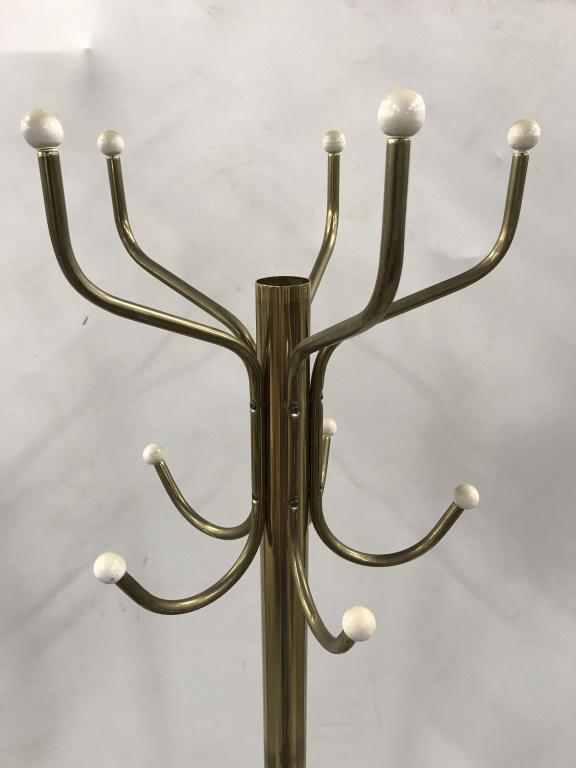 Extra Tall Brass Tnd Metal Tree Coat Rack: Rack includes 10 hooks along top with an additional 4 hooks along bottom. Padding on feet for floor protection. Composite beads at the ends of hooks. Measures approx 73 inches in height by 24.5 inches