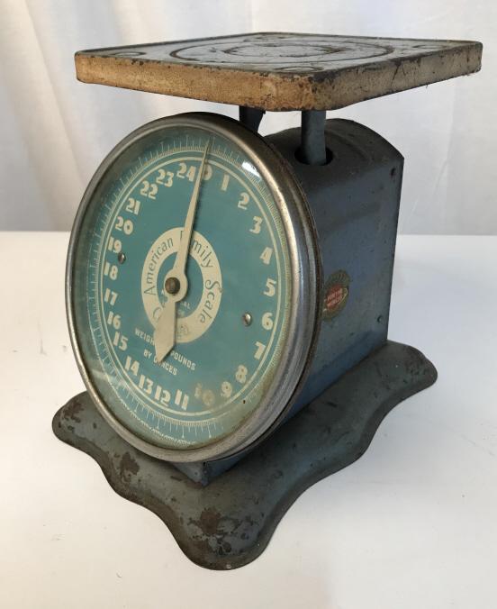 Vintage Blue American Family Scale: Vintage Blue And Silver Toned Metal American Family Scale, blue face dial with white numbering, rust to areas of scale, measures approximately 8.5 inches tall x 7 inches deep x 6.25 inches wide. Vinta