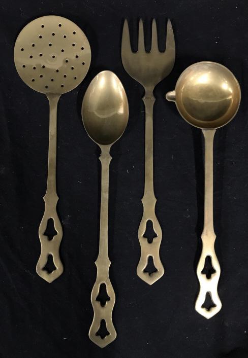 Set 4 Brass Kitchen Utensils: Set 4 Brass Kitchen Utensils, Serving Utensils, Spoon, Fork, Ladle, And Strainer, some pitting to metal, measures approx 13 inches long. Vintage Servingware, Brass Kitchen Utensils, Kitchen Decor, Cou