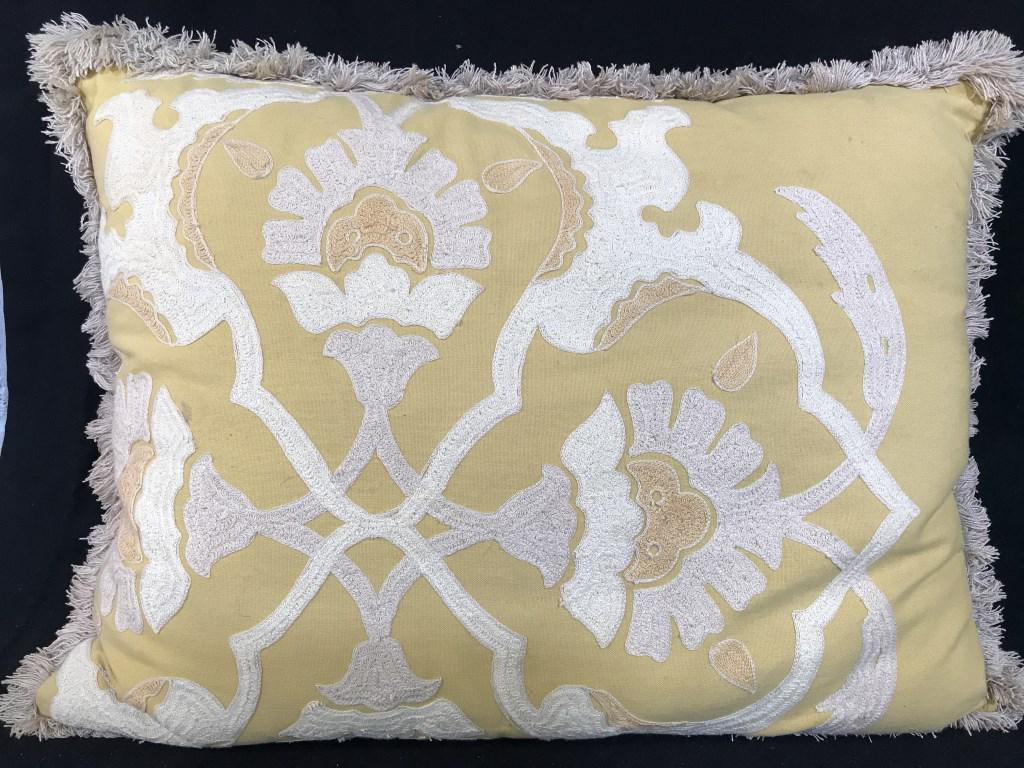 Appliqué & Fringe Decor Throw Pillow, Sham: Cotton Pillow Cover, Front yellow with stitched appliqué. Grey backing. Measures approx 23 x 16 in. Interior Home Decor, Pillow Sham, Appliqué, Bed Pillow, Linens, Pillow Cover, Yellow, Grey, Fringe