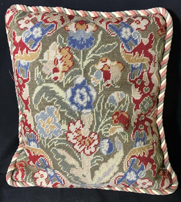Custom Made Hand Made Needlepoint Pillow: Piece appears to be handmade. Piece contains tones of blue, red, green, gold & cream. Piece measures approx 15 inches wide and tall. toss pillows, throw pillows, home accent and decor, decorative acce
