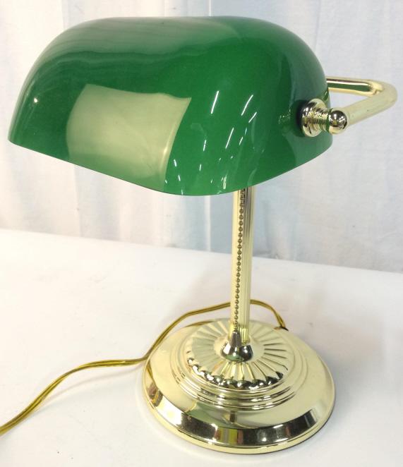 Green & Gold Toned Bankers Lamp: Lamp is green & gold toned. Piece has hanging pull switch. Piece measures approx 14 inches tall 10 inches wide& deep. table lamp, bankers lamp collectible lighting, home lighting office accessory 6
