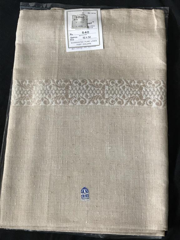 Vintage Belgian Linen Tablecloth, In Org. Pkg: Hope Chest Brand, Never Used, Pressed, & with original department store tag from B. Altman, a high end department store with a flagship store at Fifth Avenue and 34th Street, NY. (1906-1989). Label re