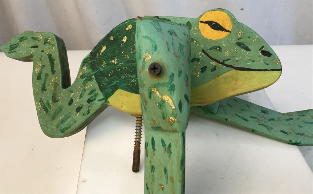 Vintage Collectible Frog Whirligig Lawn Ornament: Vintage collectible whirligig lawn ornament stylized as frog with arm propellers. Faded signature along bottom. Hand-painted Wood, with glitter embellishments. Exposed screw in bottom. Measures approx