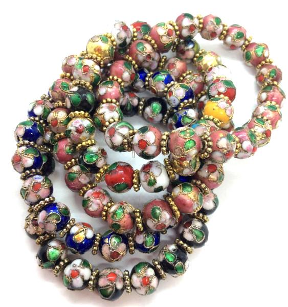 Set 5 Enamel Cloisonné Beaded Bracelets: Floral Enamel Cloisonné designs, Stretch Bracelets, measures approx 3 in in diameter. jewelry fashion accessories, wearable, Ladies vintage costume estate jewelry. 4