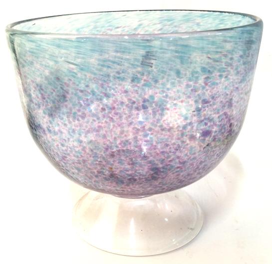 Handcrafted Art Glass Pedestal Dish: Art glass dish, handcrafted, swirl pattern in tones of blue and purples, measures app 5 in by 6 in. Candy dish, centerpiece, chalice, Vessel, vase, tableware, tabletop accessory. 4