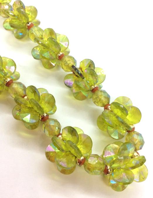 Green toned Costume Necklace: Green toned composite beads on string necklace, brass toned spacer beads, some wear to finish, Hangs approx 15 in long, jewelry fashion accessories, wearable, Ladies vintage costume estate jewelry. 4