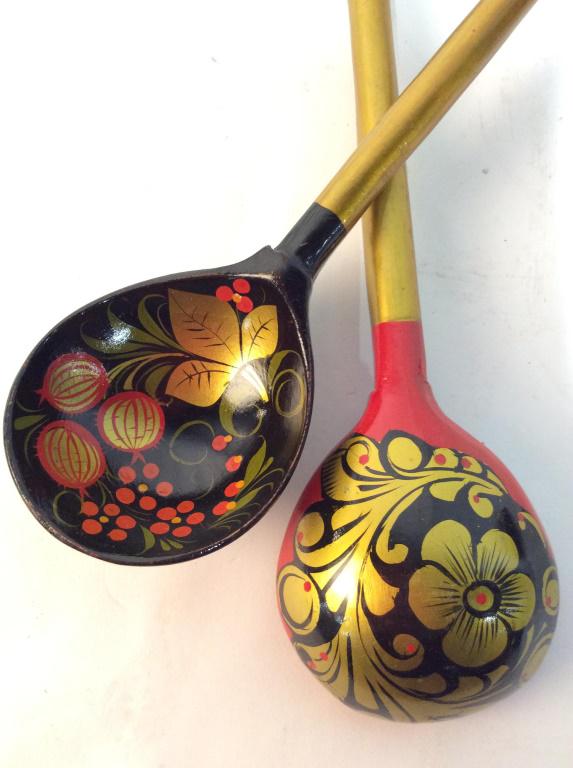 Lacquerware wood Serving Utensils: Floral design, Possibly Russian Lacquerware, Serving Spoons, salad spoons, Decorative Tableware, flatware, Serving Utensils, tableware, kitchen ware, 4