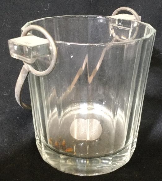 Vintage Monogrammed Ice Bucket: Ice bucket has silver toned metal handle. Lot includes ice tongs. Bucket with handle measures approx 9.5 inches tall 6.5 inches wide. Piece reads W 1993. ice bucket, barware, glassware, vessel 6