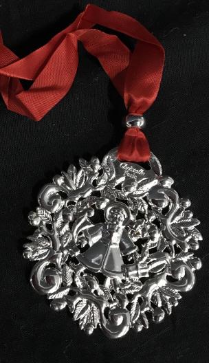 CHRISTOFLE Paris 1996 Christmas Ornament: CHRISTOFLE Paris 1996 Silver Toned Metal Christmas Ornament with red ribbon and Chistofle Box, measures approximately 2.5 inches in diameter, no condition issues noted. Christmas Tree Ornament, French