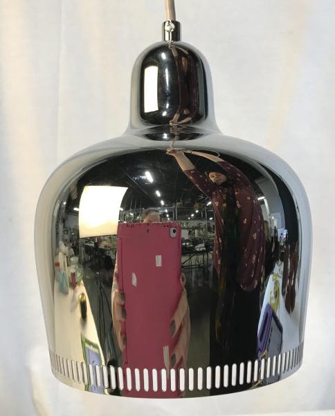ARTEK A330S Golden Bell Pendant Light: Artek's A330S Golden Bell pendant light by Alvar Aalto, Chrome plated steel, inside painted white, was originally designed for the Restaurant Savoy in 1937, measures approximately 8.25 inches tall x 6