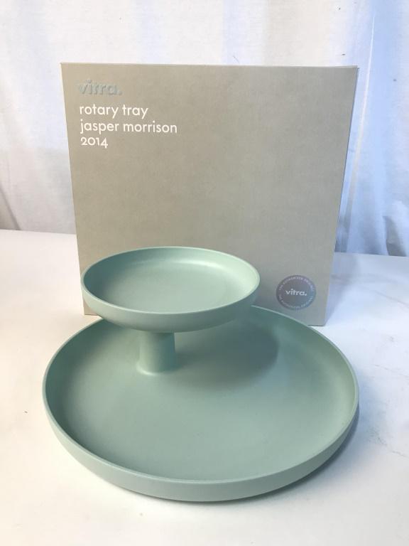 Rotary Tray Jasper Morrison For VITRA: Rotary Tray Jasper Morrison for Vitra In Mint green toned ABS plastic, measures approx 12 inches in diameter x 4.75 inches tall, new in box. Vitra is a Swiss family-owned furniture company with headqu