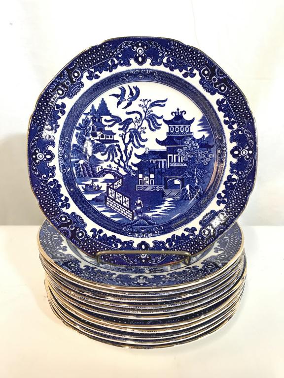 Set 12 Burleigh Ware Willow English Plates: Set 12 Burleigh Ware Willow English Plates With blue and white pattern and gold rims, measures approximately 8.5 inches in diameter x 1 inch deep, slight crazing to a few plates, and small hairline cr