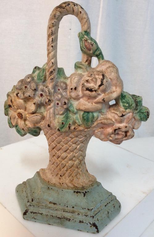 Vintage iron floral basket Doorstop: Vintage iron Doorstop of a flower basket. Paint is chipped. Approximately 7.5 inches tall. Loop on top. Doorstop, Collectible, Collectible item, collectible Doorstop, floral, flower basket Doorstop, h