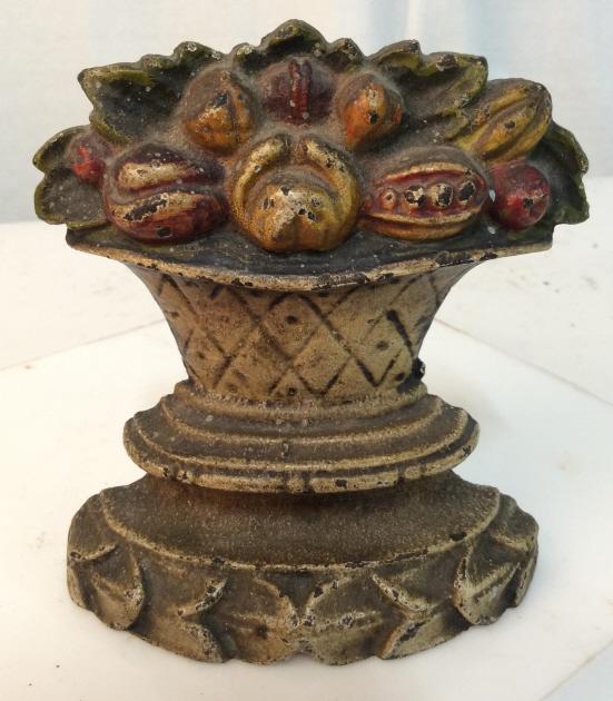 Vintage iron flower basket doorstop: Vintage iron Doorstop in the shape of a flower basket or flower planter. Paint is worn. Approximately 5 inches tall. Doorstop, Iron doorstop, flower doorstop, floral, floral collectible, collectible, 