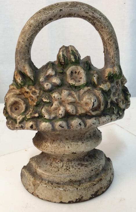 Vintage iron flower basket doorstop: Flower basket shaped iron Doorstop. Paint is worn. Approximately 6.5 inches tall. Decorative, decor, vintage, collectible, collectible item, collectibles, vintage collectible, collectible item, iron, 