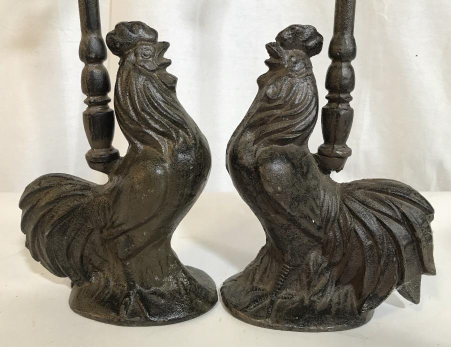 Pair Cast Iron Rooster Doorstops W Handles: Pair Cast Iron Rooster Doorstops W Handles, measures approximately 20 inches tall x 6.75 long x 3.5 inches wide, no condition issues noted noted. Vintage, Collectible, Doorstop, Rooster Themed Home Ac