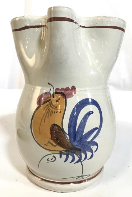Hand Painted Rooster Motif Ceramic Pitcher: Hand Painted Rooster Motif Ceramic Pitcher, measures approximately 6.5 inches tall x 5.5 inches wide, no condition issues noted. Cockerel, Rooster, Ceramic Pitcher, Earthenware, Hand Formed Ceramics, 