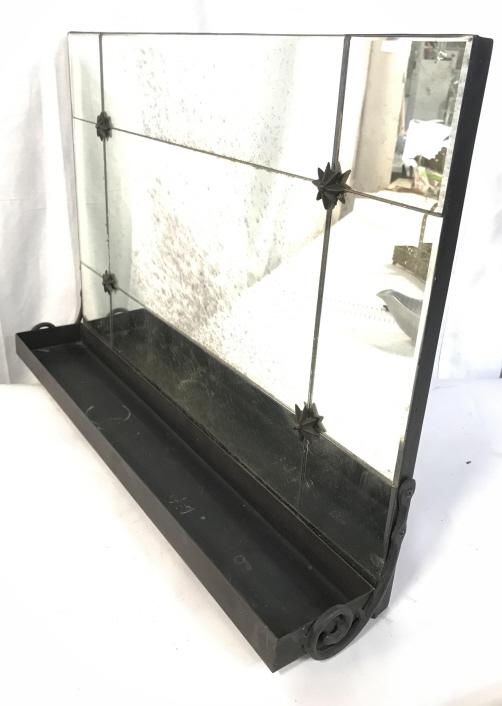 Vintage Style Metal Wall Mirror With Shelf: Vintage Style Iron Metal Wall Mirror With Shelf And Floral Metal Accents, marked on reverse with made in Indonesia and original price tag of $595.00. Measures approximately 24 inches wide x 17 inches 