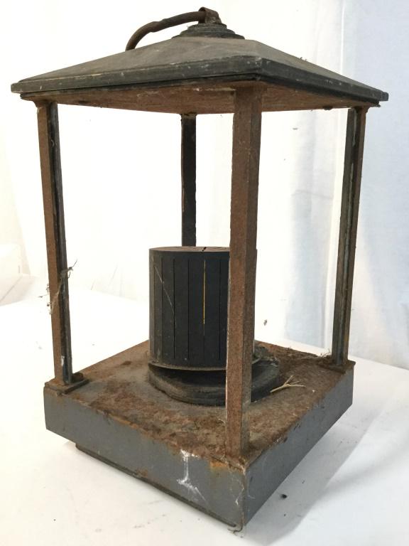 Vintage Hanging Metal Lantern: Lantern is black toned and metal. Piece has Hanging loop at top. Piece measures approx 15 inches tall 8 inches square. Vintage lantern, hanging lanterns, metal lantern. home decor, rustic home accesso