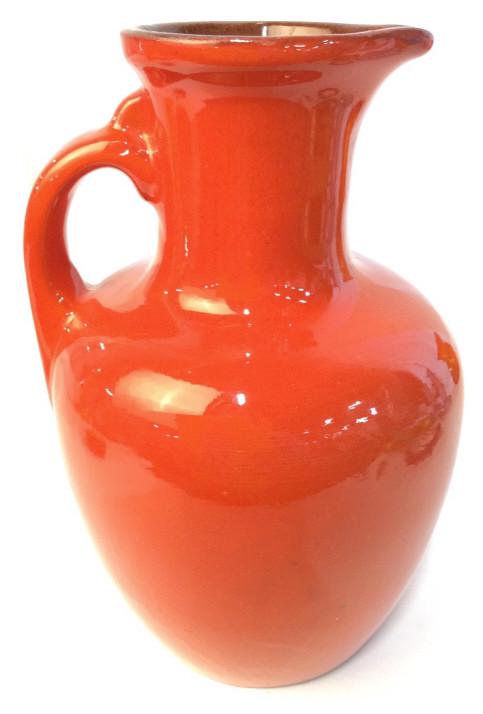 FRANKOMA Orange Toned Ceramic Pitcher: Pitcher is orange toned and ceramic. Piece is marked FRANKOMA ON underside. Orange pitcher, ceramic pitcher, pottery, ceramics, orange ceramic pitcher. tableware, tabletop accessory, drinks pitcher Me