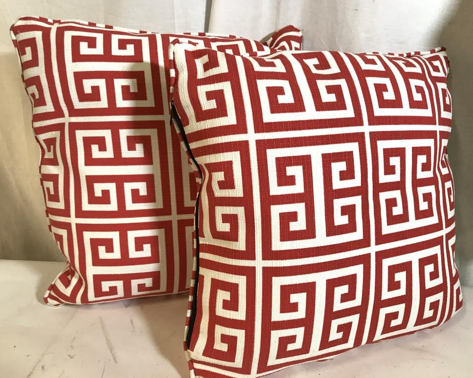 Pair Bold ‘Greek Key’ Geo Throw Pillows: Vibrant Geometric Pattern Bed or Sofa Pillows, Red & White. Often called Greek Key or Greek Fret Design for its meandering continuous right angle lines similar to characters in the Greek Alphabet. Thi