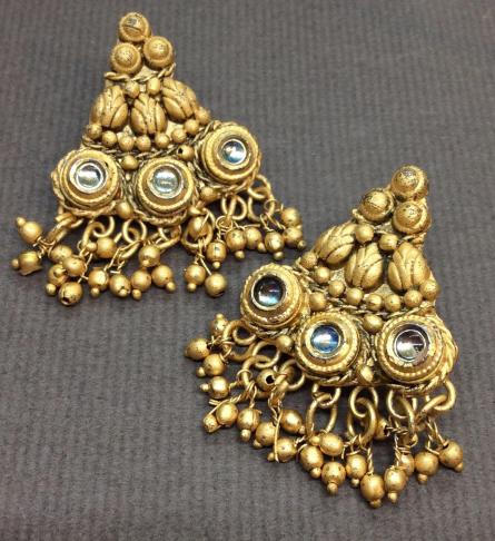 2Intricate Design Chandelier Earrings: Gold toned metal with composite cabochons, intricate textured details, hanging cluster beads, pierced earrings Measures approx 1 1/2 in by 1 in. Fashion accessories, Ladies vintage costume estate jewe