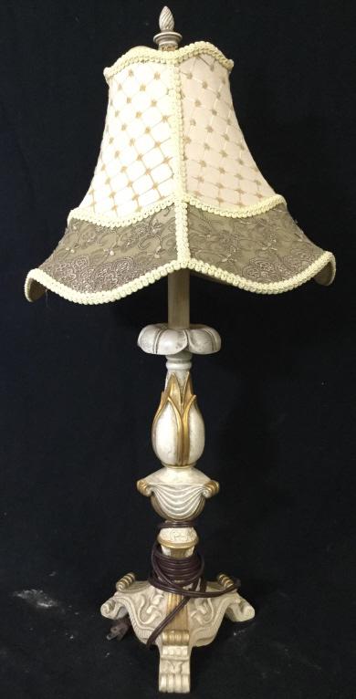 Vintage Composite Lamp: Lamp is vintage. Piece is cream & gold toned. Contains some ornate elements. Lamp includes shade & finial. Lamp, table lamp, vintage lamp. home lighting and accessories Measures approx 30 inches tall 