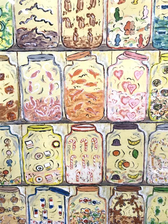 Signed Gouache Art, ‘Scottish Country Dances’: Signed Jane ‘10 in lower left corner. Verso has artist statement for Jane Sharp. Gouache or acrylic art features various colorful jars of candy. Artwork is matted and set behind glass in coated wood