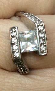 Lot 2 Retro Rings/ Bands: Two diamond style / rhinestone rings, one with princess cut center stone and accents, one band with black rhinestones / marcasite style, both approx size 7-7.5 app. Art Deco Ring, princess cut Center 