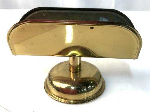 VINTAGE MADE IN ITALY Metallic Desk Accessory: Possibly a letter or pen holder. Bottom is imprinted made in Italy. Possibly made from copper. Gold toned finish. Lightweight. Is approximately 5 inches wide and 3.5 inches tall. Desk accessory, vinta