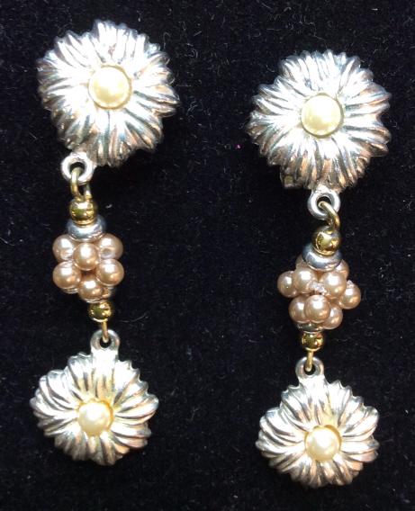 Lot 2 Mid Century Pearl Style Ear Clips: Two sets Earrings, one clip on in pearl style cluster, Tahitian pearl color with accented rhinestones. Other silver toned dangle floral clip on, hand 2 in. Center pearl in flower. ear clips, earrings,