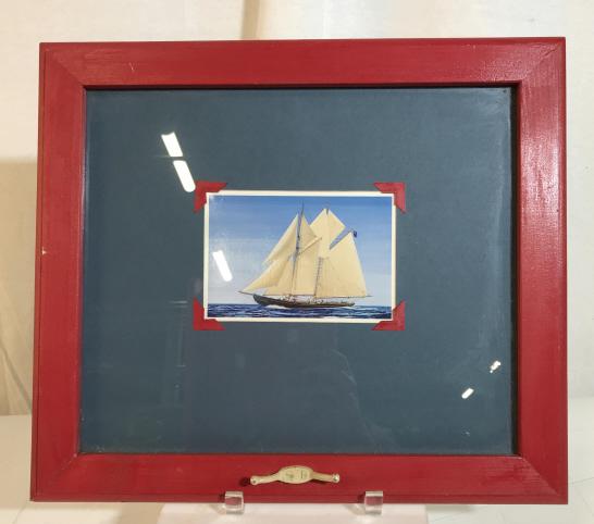 ARTIST SIGNED Frame Maritime Print with Hook: Signed illegibly. Matted, Beveled Edges, nautical themed. Photo corner detail. No fading on print. Brilliant colors. Measures approx 16 inches wide and 14 inches tall. Nautical, framed glass, arts and
