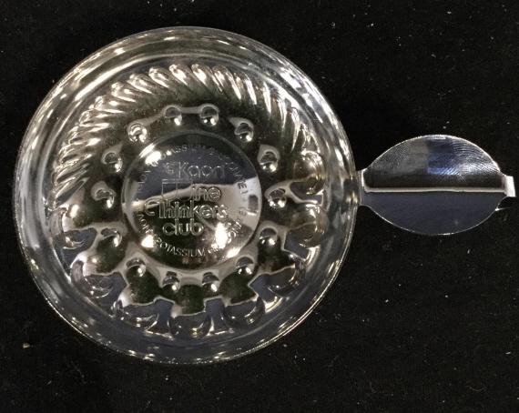 Silver toned metal tastewin wine tasting cup: Inside reads wine thinkers club. Measures approximately 3.5 inches in diameter. Barware, drinkware, wine tasting,wine, wine tour, wine accessories, drinking accessories, stemware, drinking glass, vess