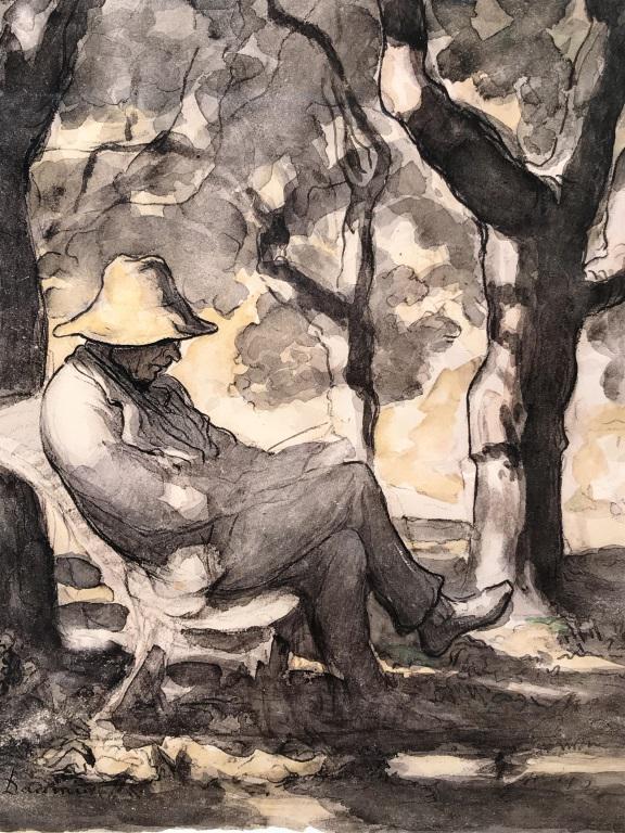 Framed Print, Daumier ‘A Man Reading in a Garden’: Framed print of Honoré Daumier’s ‘A Man Reading in a Garden.’ Print is matted and set behind glass in gold tone wood frame. Measures approx 15.6 inches in height by 12.75 inches in width with f