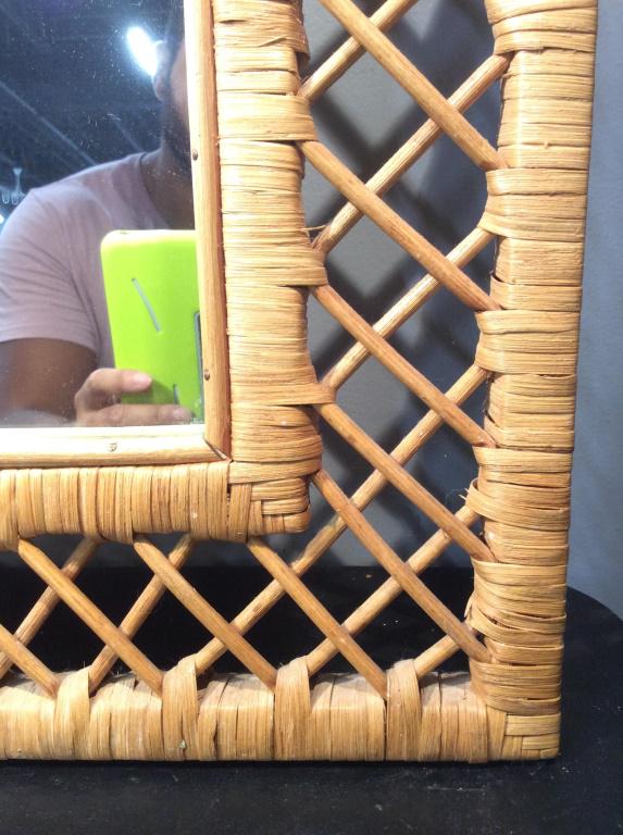 Tan Toned Frame Mirror: Mirror frame is tan toned. Piece Has rectangular shape. Wall mirror, bedroom mirror, bedroom decor. Measures approx 41 inches tall 30 inches wide. mirror, wall hanging, vanity mirror, home accent and