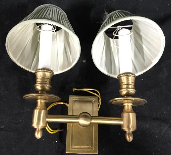 Gold Toned Metal Wall Sconce W Shades: Wall Sconce is gold toned. Piece has 2 arms. Piece includes 2 shades. Piece measures approx 8.5 inches wide without shades 9 inches tall, home lighting, wall plaques, decorative accessories . 6