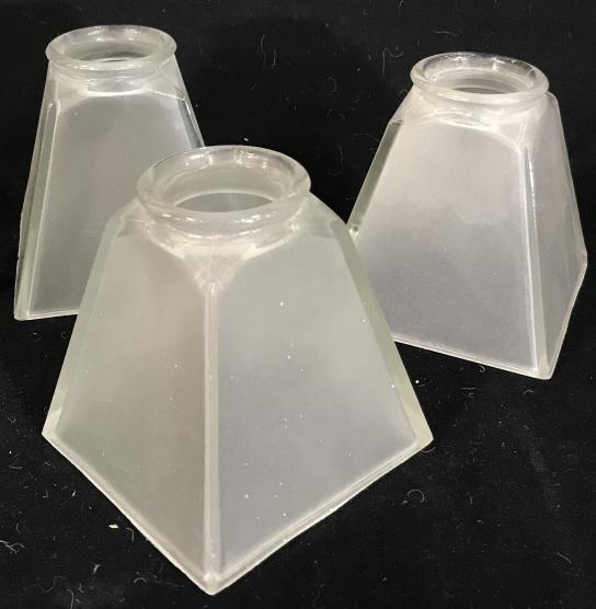 Set 3 vintage glass shades for light fixture: Set of 3 frosted glass wall fixture shades. Shades are approximately 4.5 inches tall. Shades have angled designs. Lamp shades, glass lamp shades, vintage, vintage glass, decor, lighting, light shades,