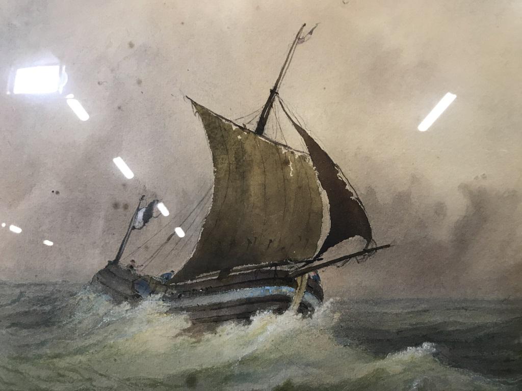 Framed antique signed sailboat painting: Signed in corner by J. Richardson. Dated 1864. Measures approximately 26 by 16.5 inches. In metal frame. Framed art, framed painting, Sailboat, antique, antique painting, antique art, art, art collect