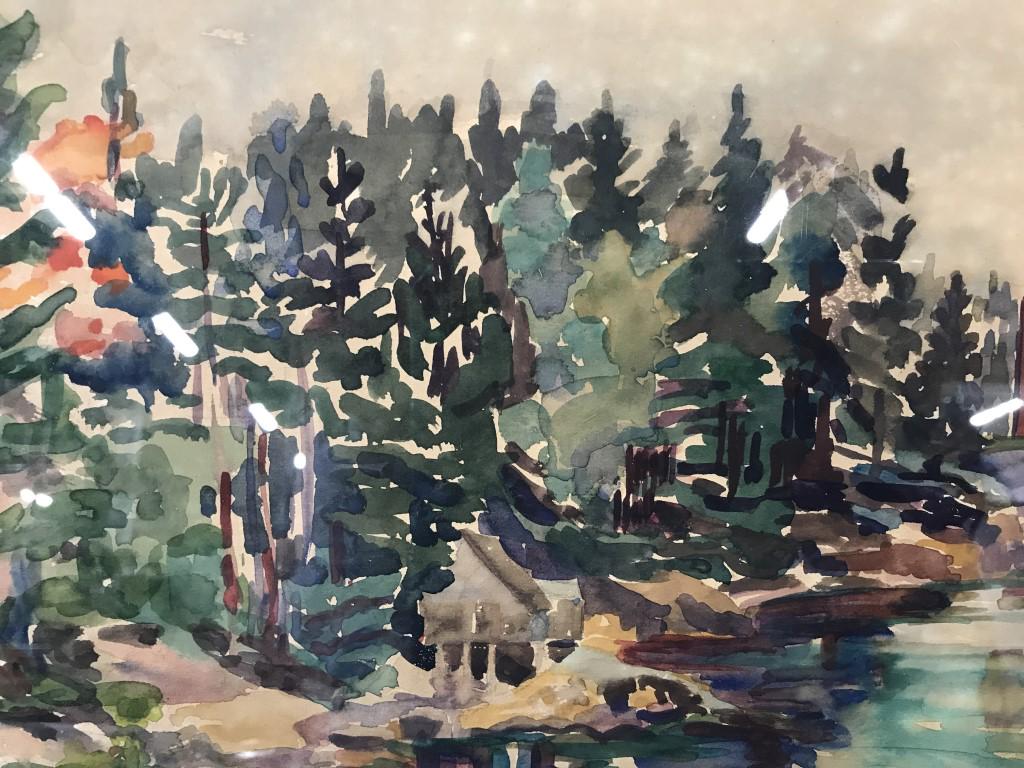 Vintage signed framed watercolor painting: Framed watercolor painting signed illegibly. Painting is of a shoreline. Measures approximately 18 by 13.25 inches. Wood and canvas frame. Wire in back for hanging. Art, Framed Art, Collectible Art, W