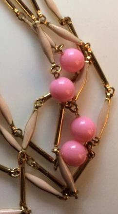 Vintage Pink Bead and Gold Tine Necklace: c. 1960s. Long necklace, can be doubled. Has true retro vibe and fun look. 55 in Chain. Round pink beads repeat every few links. Pink enamel. Also has spring Ring clasp. Vintage Jewelry, Necklace, Lon